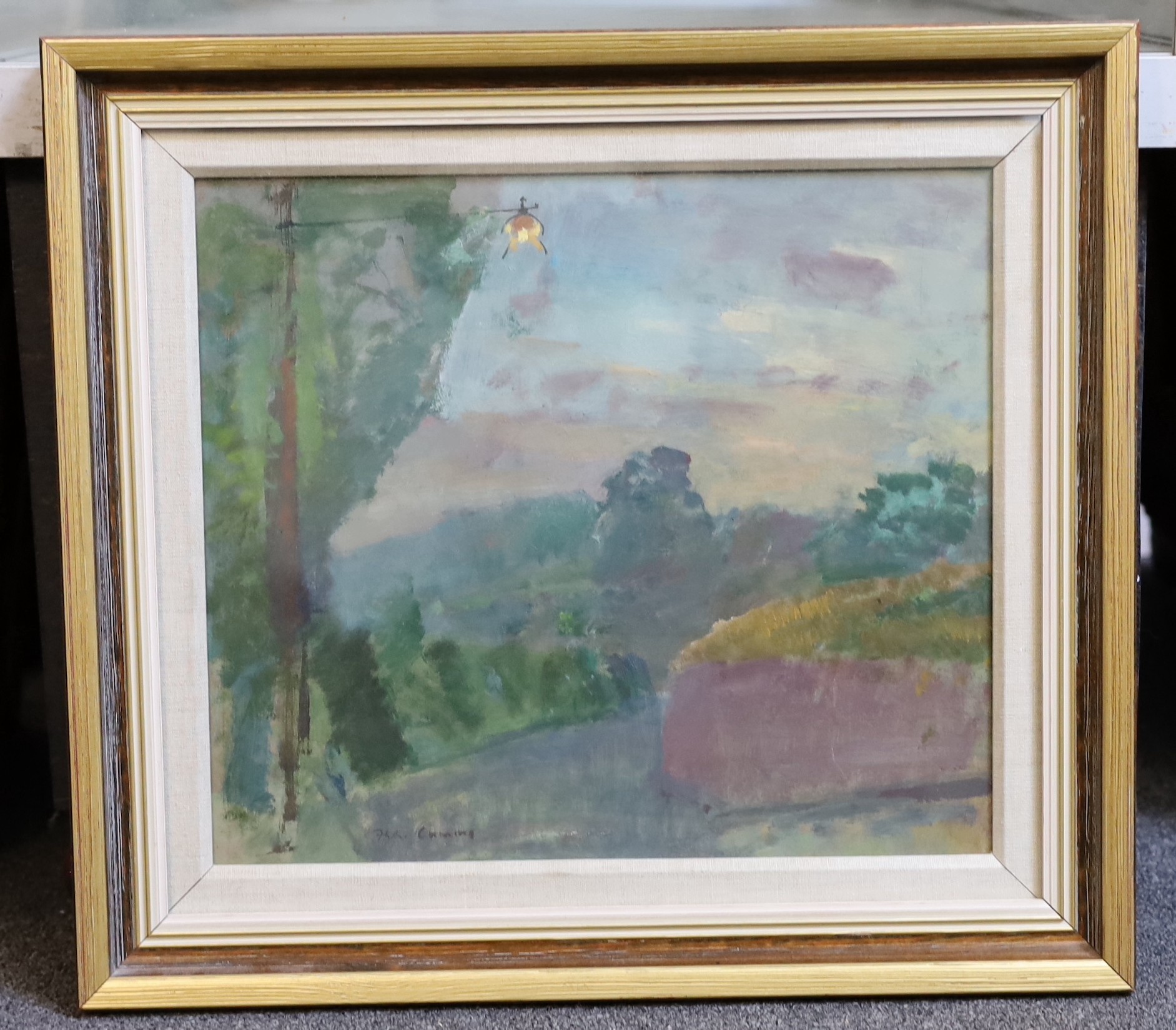 Fred Cuming R.A. (1930-2022), Landscape with lamp post, oil on board, 35 x 30cm